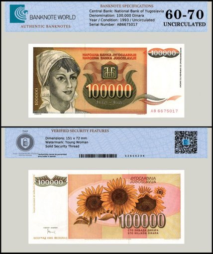 Yugoslavia 100,000 Dinara Banknote, 1993, P-118, UNC, TAP 60-70 Authenticated