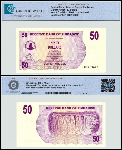 Zimbabwe 50 Dollars Bearer Cheque, 2006, P-41, UNC, TAP Authenticated