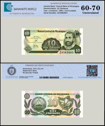 Nicaragua 10 Centavos de Cordoba Banknote, 1991 ND, P-169a.2, UNC, TAP 60-70 Authenticated