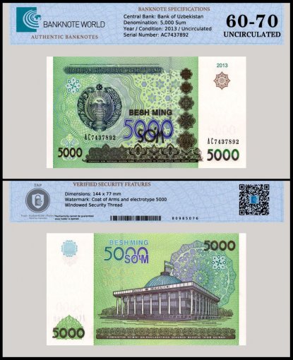 Uzbekistan 5,000 Som Banknote, 2013, P-83, UNC, TAP 60-70 Authenticated