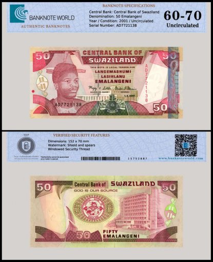 Swaziland 50 Emalangeni Banknote, 2001, P-31, UNC, TAP 60-70 Authenticated