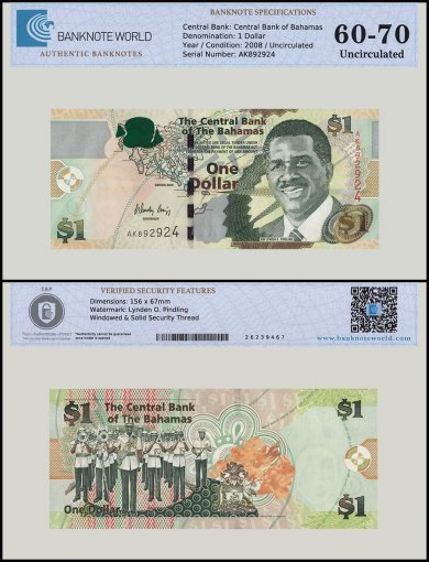 Bahamas 1 Dollar Banknote, 2008, P-71, UNC, TAP 60-70 Authenticated