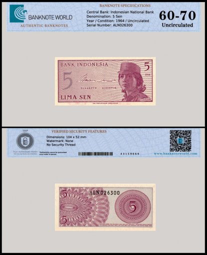Indonesia 5 Sen Banknote, 1964, P-91, UNC, TAP 60-70 Authenticated