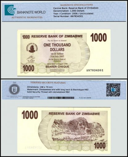 Zimbabwe 1,000 Dollars Bearer Cheque, 2006, P-44, UNC, TAP Authenticated