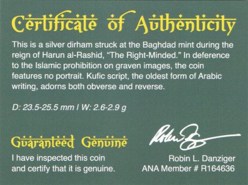 Arabian Nights: Coin of Harun al-Rashid, w/ COA