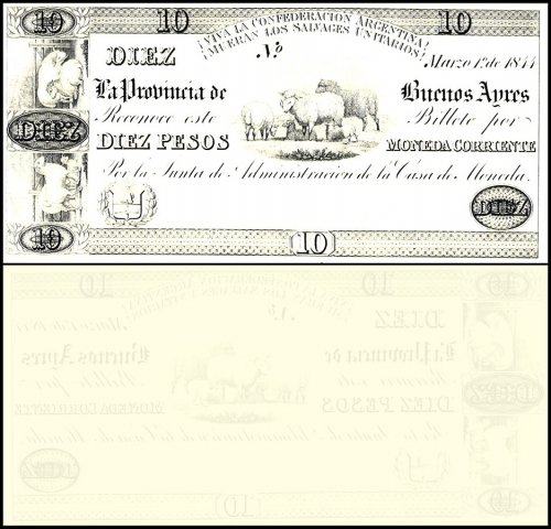 Argentina 10 Pesos Banknote, 1844, P-S386b, UNC, Modern Engraved Reprint