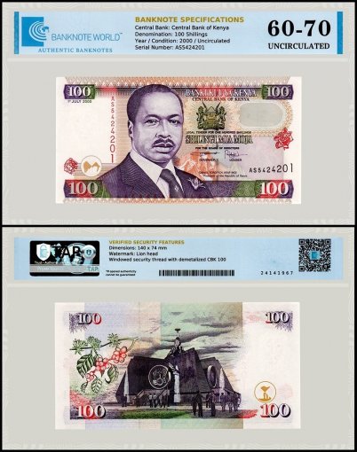 Kenya 100 Shillings Banknote, 2000, P-37e, UNC, TAP 60-70 Authenticated