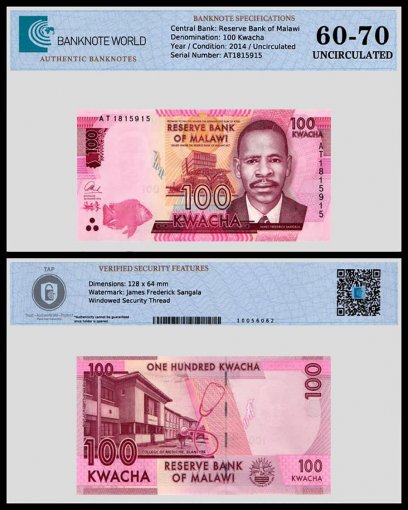 Malawi 100 Kwacha Banknote, 2014, P-65a, UNC, TAP 60 - 70 Authenticated