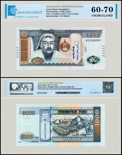 Mongolia 1,000 Tugrik Banknote, 2020, P-75, UNC, TAP 60-70 Authenticated