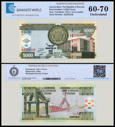 Burundi 5,000 Francs Banknote, 2011, P-48b, UNC, TAP 60-70 Authenticated