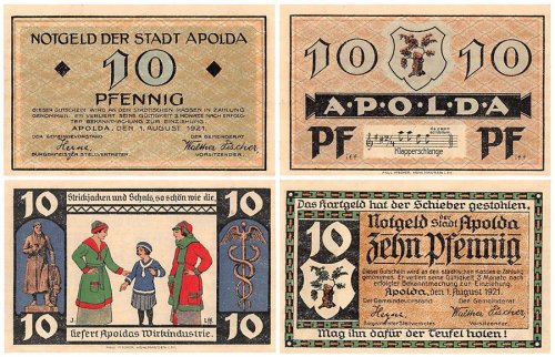 Apolda 10 Pfennig 2 Pieces Notgeld Set, 1921, Mehl #36.1, UNC
