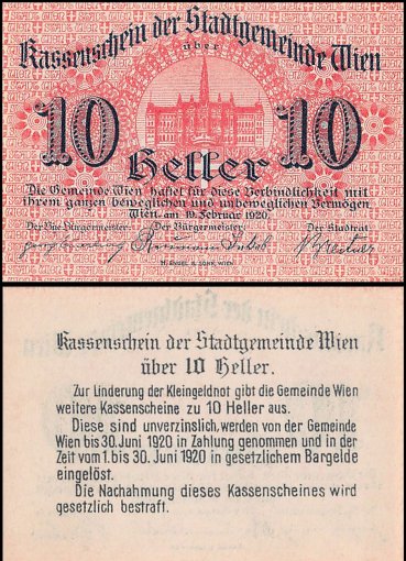 Wien - Vienna 10 Heller Notgeld, 1920, Kodnar-Kuenstner #1183.II.c, UNC