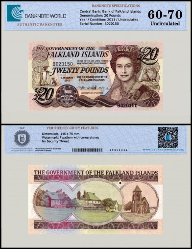 Falkland Islands 20 Pounds Banknote, 2011, P-19, UNC, TAP 60-70 Authenticated
