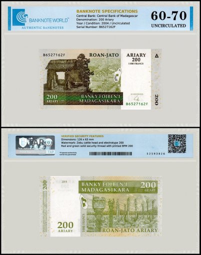 Madagascar 200 Ariary Banknote, 2004, P-87b, UNC, TAP 60-70 Authenticated