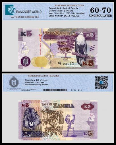 Zambia 5 Kwacha Banknote, 2015, P-57a.1, UNC, TAP 60-70 Authenticated