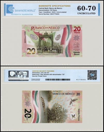 Mexico 20 Pesos Banknote, 2022, P-132d.1, UNC, Commemorative, Polymer, TAP 60-70 Authenticated