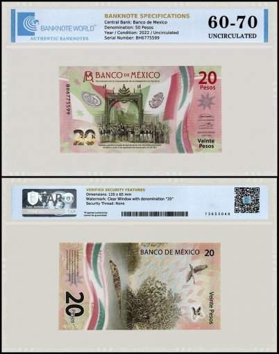 Mexico 20 Pesos Banknote, 2022, P-132d.5, UNC, Commemorative, Polymer, TAP 60-70 Authenticated