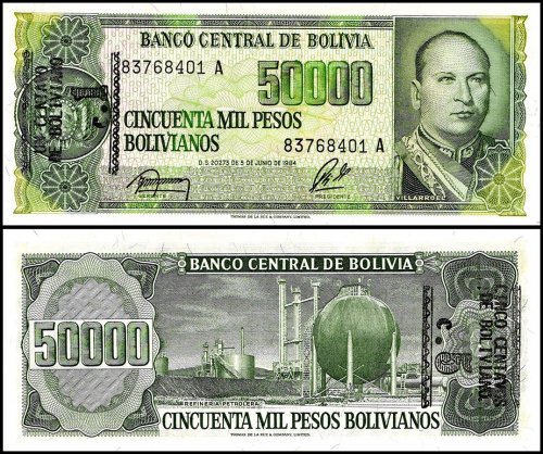 Bolivia 5 Centavos De Boliviano on 50,000 Pesos Bolivianos, D.05.06.1984 (1987), P-196x.1, UNC, Overprint, 5 Centavos on Back Right, Error, 1 Centavo on Front Left