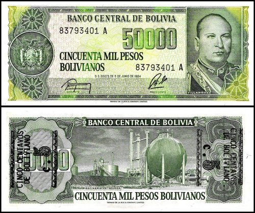 Bolivia 5 Centavos de Boliviano on 50,000 Pesos Bolivianos Banknote, D. 05.06.1984 (1987 ND), P-196x.2, UNC, Overprint - 5 Centavos on back right, Error - 5 Centavos on back left