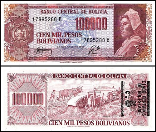 Bolivia 5 Centavos de Boliviano on 100,000 Pesos Bolivianos Banknote, D. 05.06.1984 (1987 ND), P-196Ax.3, UNC, Overprint, Error - 5 Centavos on back right