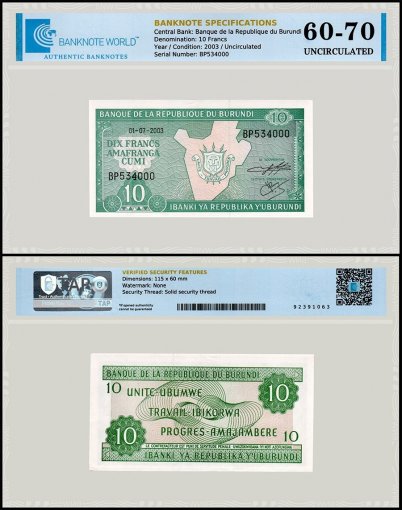 Burundi 10 Francs Banknote, 2003, P-33d.3, UNC, TAP 60-70 Authenticated
