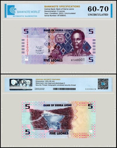 Sierra Leone 5 Leones Banknote, 2022, P-36, UNC, TAP 60-70 Authenticated