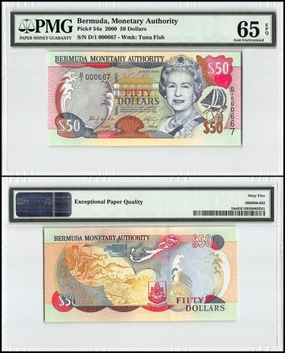 Bermuda 50 Dollars, 2000, P-54a, Queen Elizabeth II, Low Serial #, PMG 65