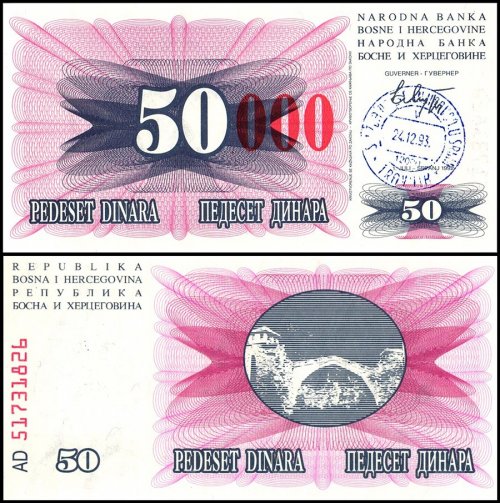 Bosnia & Herzegovina 50,000 Dinara on 50 Dinara Banknote, 1993, P-55d, UNC, Stamp Travnik