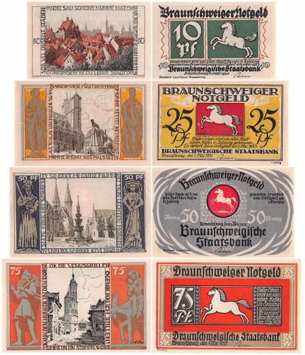 Braunschweig 10-75 Pfennig 4 Pieces Notgeld Banknote Set, 1921, Mehl #155.2, UNC