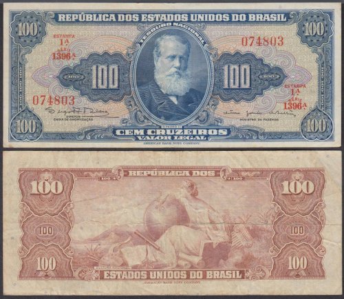 Brazil 100 Cruzeiros Banknote, 1964, P-170c, Used