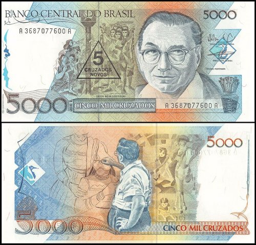 Brazil 5 Cruzados Novos on 5,000 Cruzados Banknote, 1989 ND, P-127b, UNC