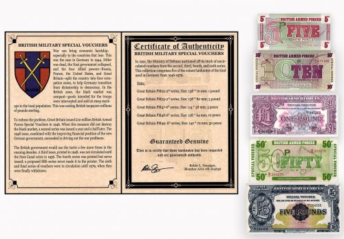 British Military Special Vouchers 1 Pound - 50 Pence 5 Pieces Banknote Set, 1946-1979, P-M22-M49, UNC