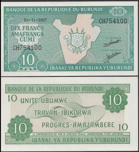 Burundi 10 Francs Banknote, 2007, P-33e, UNC