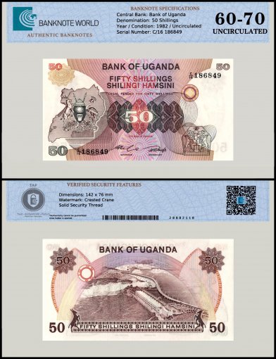 Uganda 50 Shillings Banknote, 1982 ND, P-18a, UNC, TAP 60-70 Authenticated