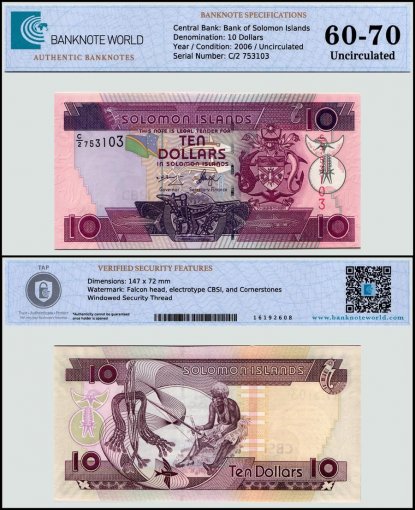 Solomon Islands 10 Dollars Banknote, 2006, P-27a, UNC, TAP 60 - 70 Authenticated
