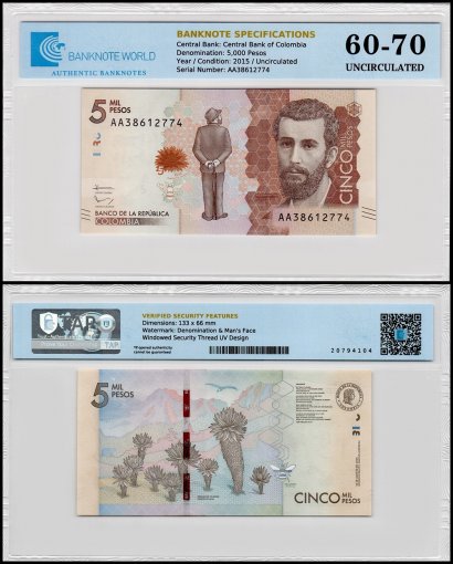 Colombia 5,000 Pesos Banknote, 2015, P-459a, UNC, TAP 60-70 Authenticated