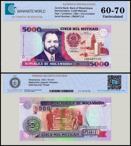 Mozambique 5,000 Meticais Banknote, 1991, P-136, UNC, TAP 60-70 Authenticated