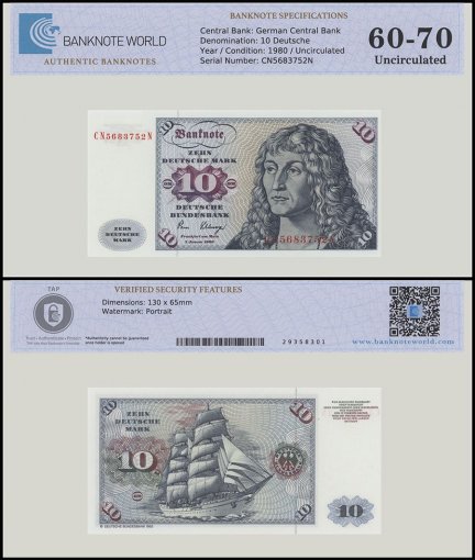 Germany Federal Republic 10 Deutsche Mark Banknote, 1980, P-31d, UNC, TAP 60-70 Authenticated