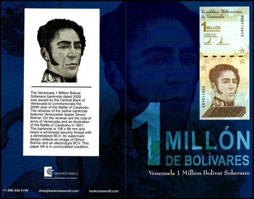 The History of 1 Million Banknotes, Venezuela 1 Million Bolivar Soberano Banknote, 2020, P-114a.1b, UNC, Folder (Vertical) - Card w/COA