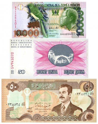 Bridge The Gap, Bosnia & Herzegovina 50 Dinara, Iraq 50 Dinar, Sao Tome & Principe 10,000 Dobras, 3 Piece Banknote Set, 1993, P-55-85, UNC, Folder-Card w/ COA