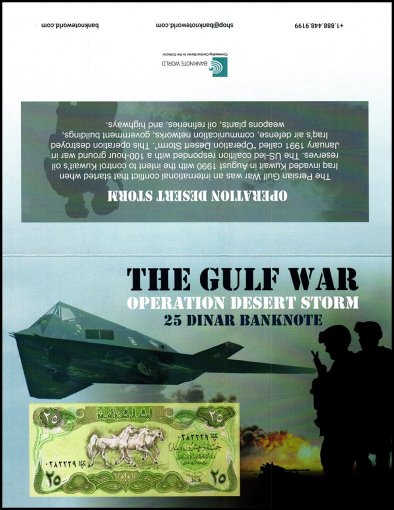The GULFWAR Operation Desert Storm, Iraq 25 Dinars Banknote, 1982 (AH1402), P-72, UNC, Folder - Card w/COA