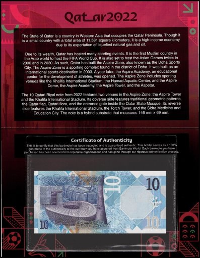 Qatar 10 Riyals Banknote, 2022, P-34a.2, UNC, Folder-Card w/ COA