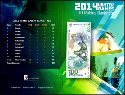 The Olympics: 2014 Winter Games, Russia 100 Rubles Banknote, 2014, P-274a, UNC, Prefix AA, Commemorative, Folder-Card w/ COA