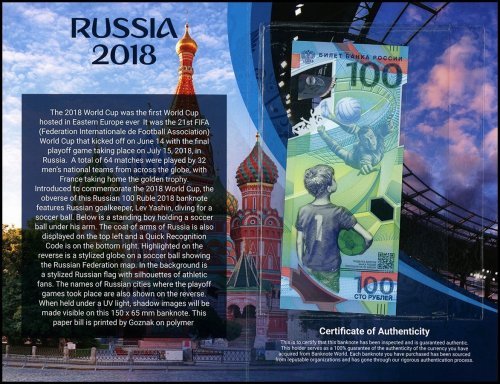 Russia 100 Rubles Banknote, 2018, P-280, UNC, Commemorative, Polymer, Folder-Card w/ COA