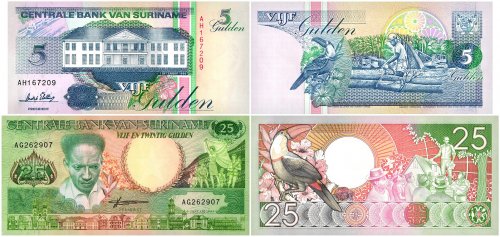 Colorful Tropical Birds: Toucans Collection, Suriname 5 Gulden, Suriname 25 Gulden, 2 Piece Banknote Set, 1988-1996, P-132b-136b, UNC, Folder-Card w/ COA
