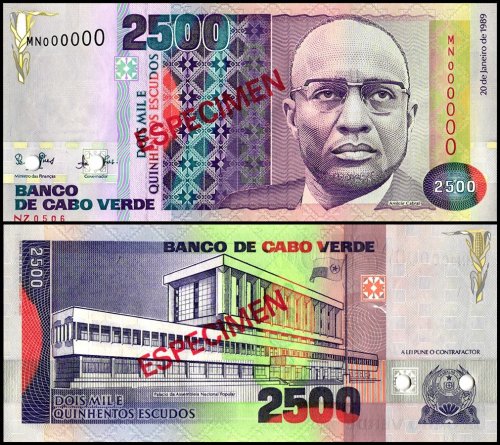 Cape Verde 2,500 Escudos Banknote, 1989, P-61s, UNC, Specimen