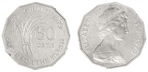 Fiji 50 Cents Coin, 1979, KM #44, Mint, Queen Elizabeth II, Sugarcane, In Box