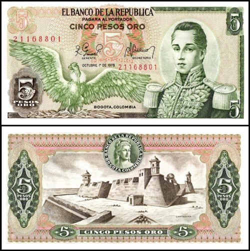 Colombia 5 Pesos Oro Banknote, 1978, P-406f.1, UNC