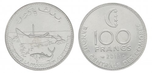 Comoros 100 Francs Coin, 2013, KM #18a, Mint, Boat, Stars