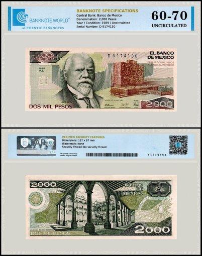Mexico 2,000 Pesos Banknote, 1989, P-86c.7, UNC, Series DM, TAP 60-70 Authenticated